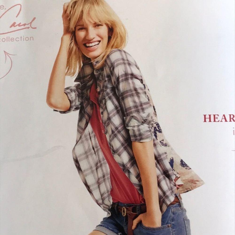 CAbi Festival Button Down Plaid and Floral Top XS